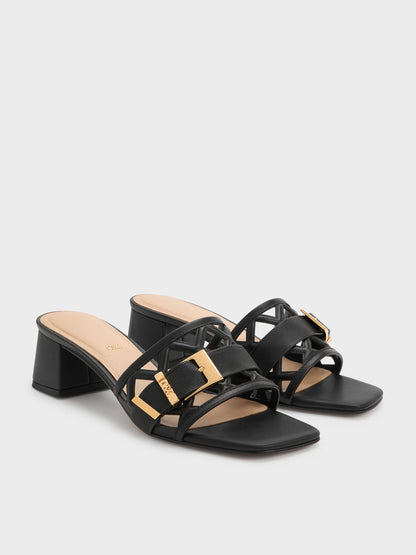 CHARLES & KEITH Premium / Whitney Leather Cut-Out Heeled Mules - Black