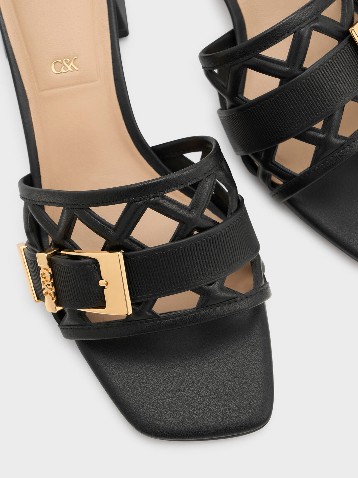 CHARLES & KEITH Premium / Whitney Leather Cut-Out Heeled Mules - Black