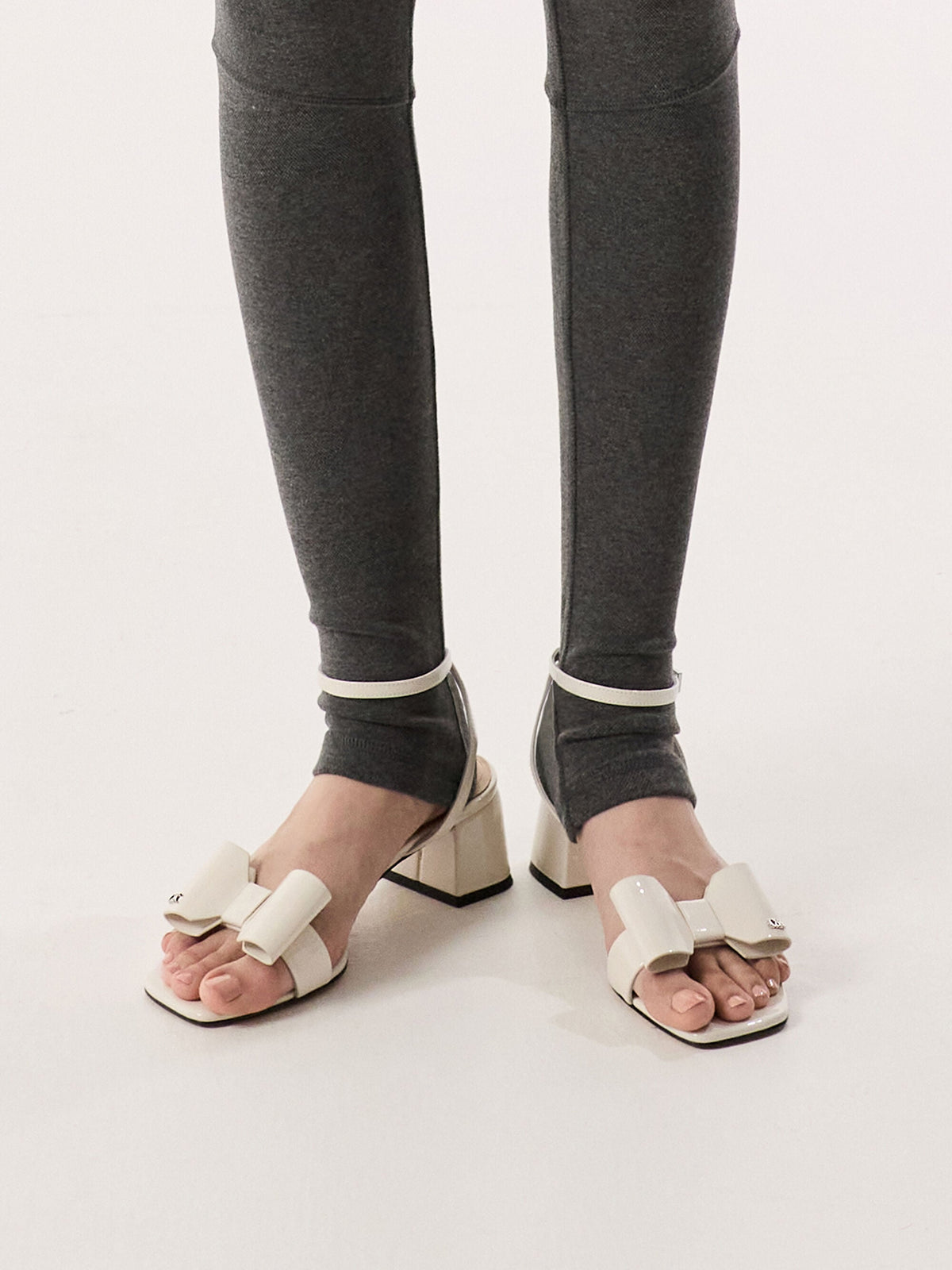 CHARLES & KEITH Hot Sale / Lu Patent Leather Bow Heeled Sandals - Chalk