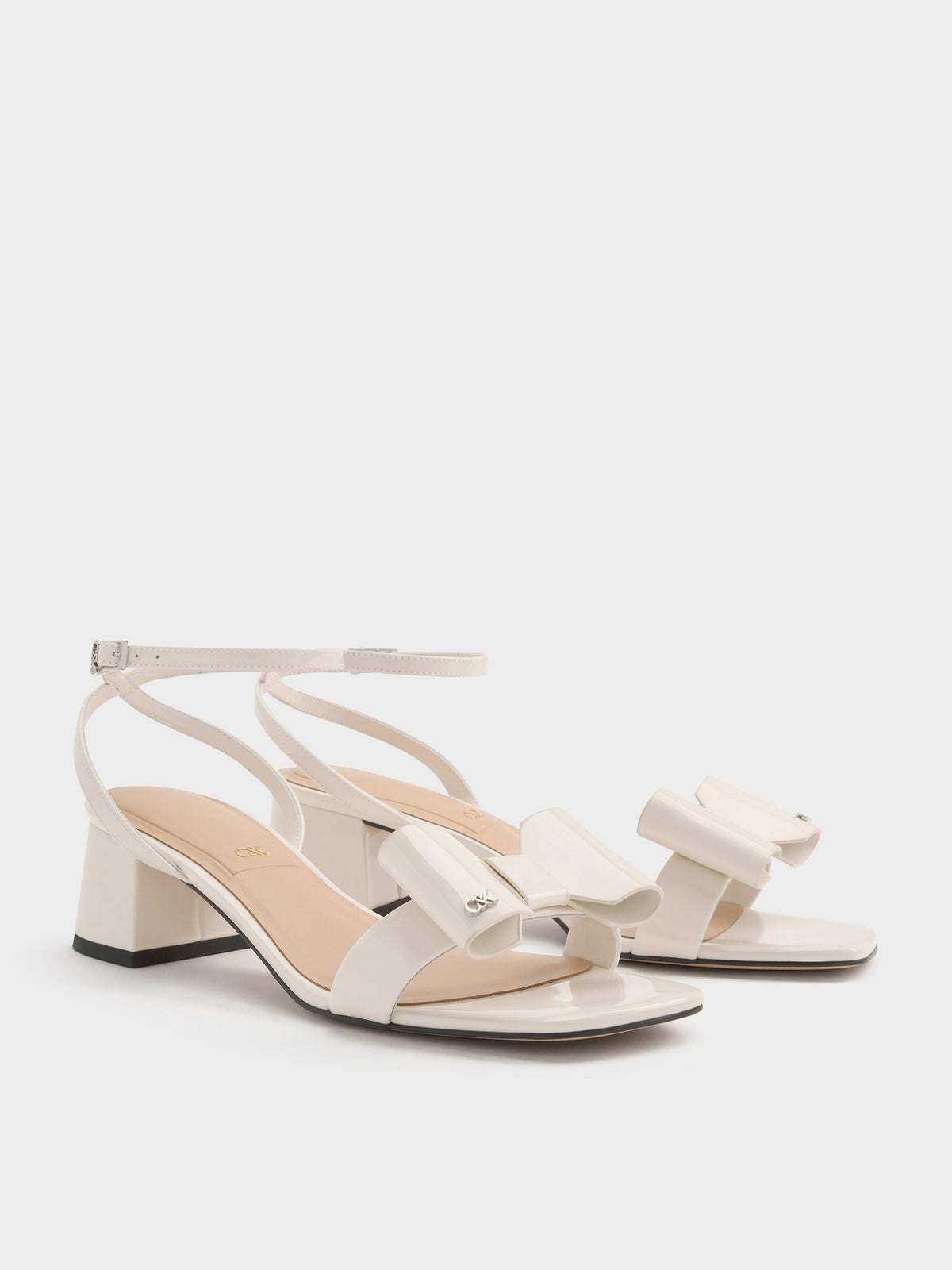 CHARLES & KEITH Hot Sale / Lu Patent Leather Bow Heeled Sandals - Chalk