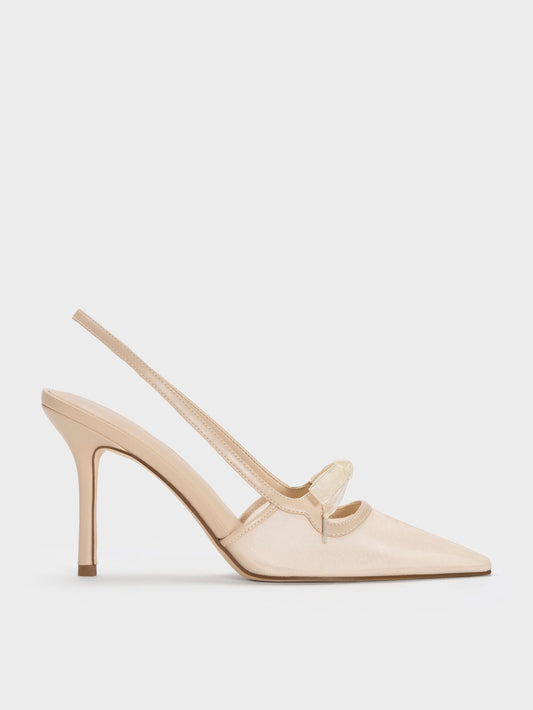 CHARLES & KEITH Recommended / Venetia Mesh Bow Pointed Slingback Pumps - Nude