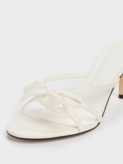 CHARLES & KEITH Signature / Bow Flower-Pearl Heeled Mules - White