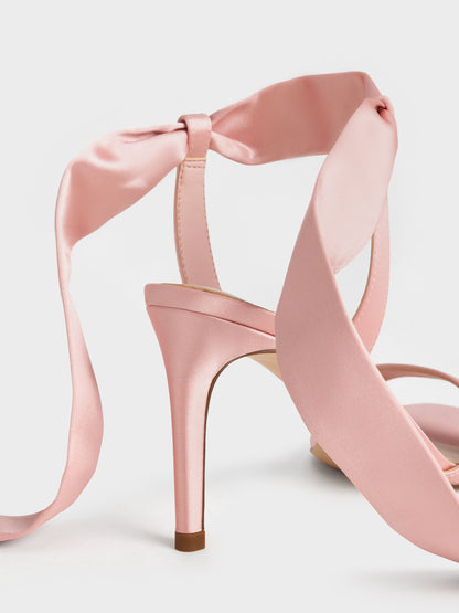 CHARLES & KEITH Essential / Eliana Satin Tie-Around Heeled Sandals - Pink