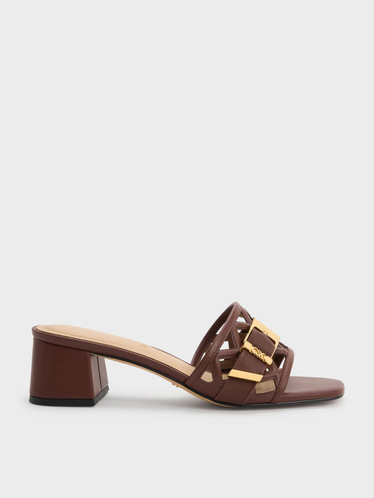 CHARLES & KEITH Popular / Whitney Leather Cut-Out Heeled Mules - Brown
