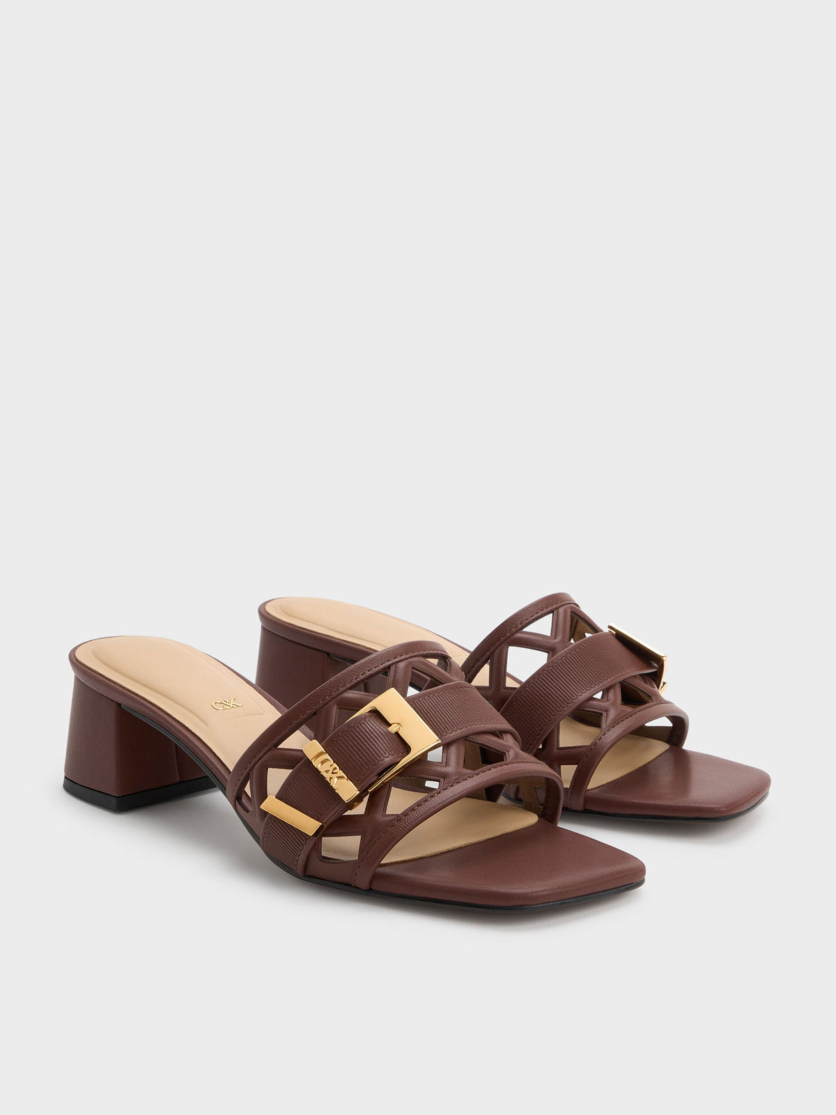 CHARLES & KEITH Popular / Whitney Leather Cut-Out Heeled Mules - Brown