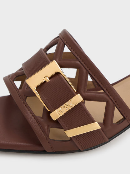 CHARLES & KEITH Popular / Whitney Leather Cut-Out Heeled Mules - Brown
