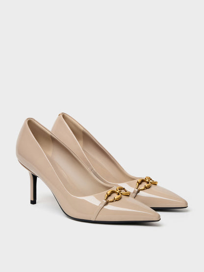 CHARLES & KEITH Premium / Patent Metallic-Buckle Pointed Pumps - Nude