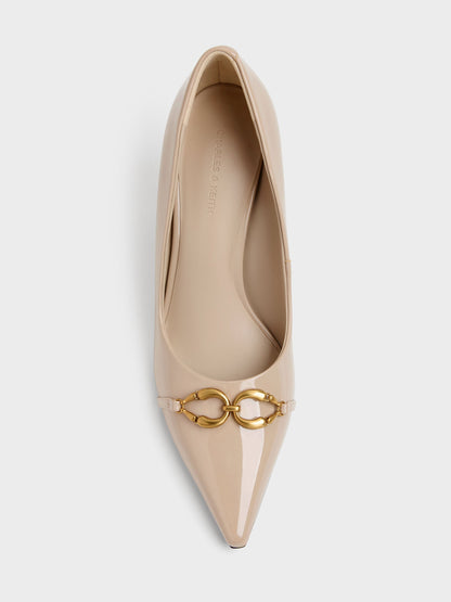 CHARLES & KEITH Premium / Patent Metallic-Buckle Pointed Pumps - Nude