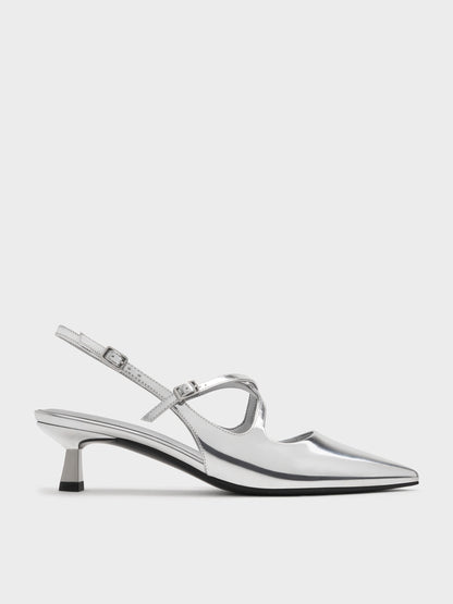 CHARLES & KEITH Value / Pauline Metallic Crossover Kitten Heels - Silver