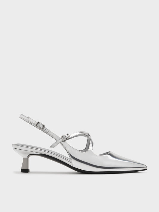 CHARLES & KEITH Value / Pauline Metallic Crossover Kitten Heels - Silver