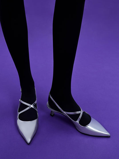 CHARLES & KEITH Value / Pauline Metallic Crossover Kitten Heels - Silver