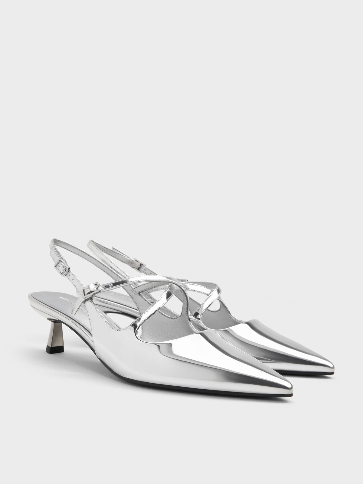 CHARLES & KEITH Value / Pauline Metallic Crossover Kitten Heels - Silver