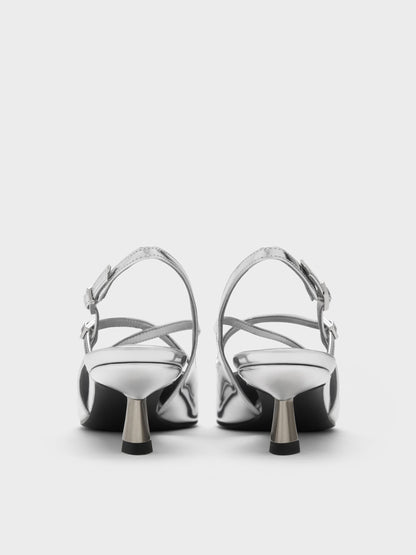 CHARLES & KEITH Value / Pauline Metallic Crossover Kitten Heels - Silver