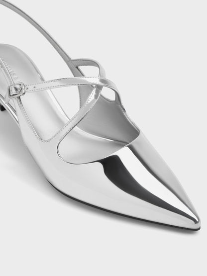 CHARLES & KEITH Value / Pauline Metallic Crossover Kitten Heels - Silver