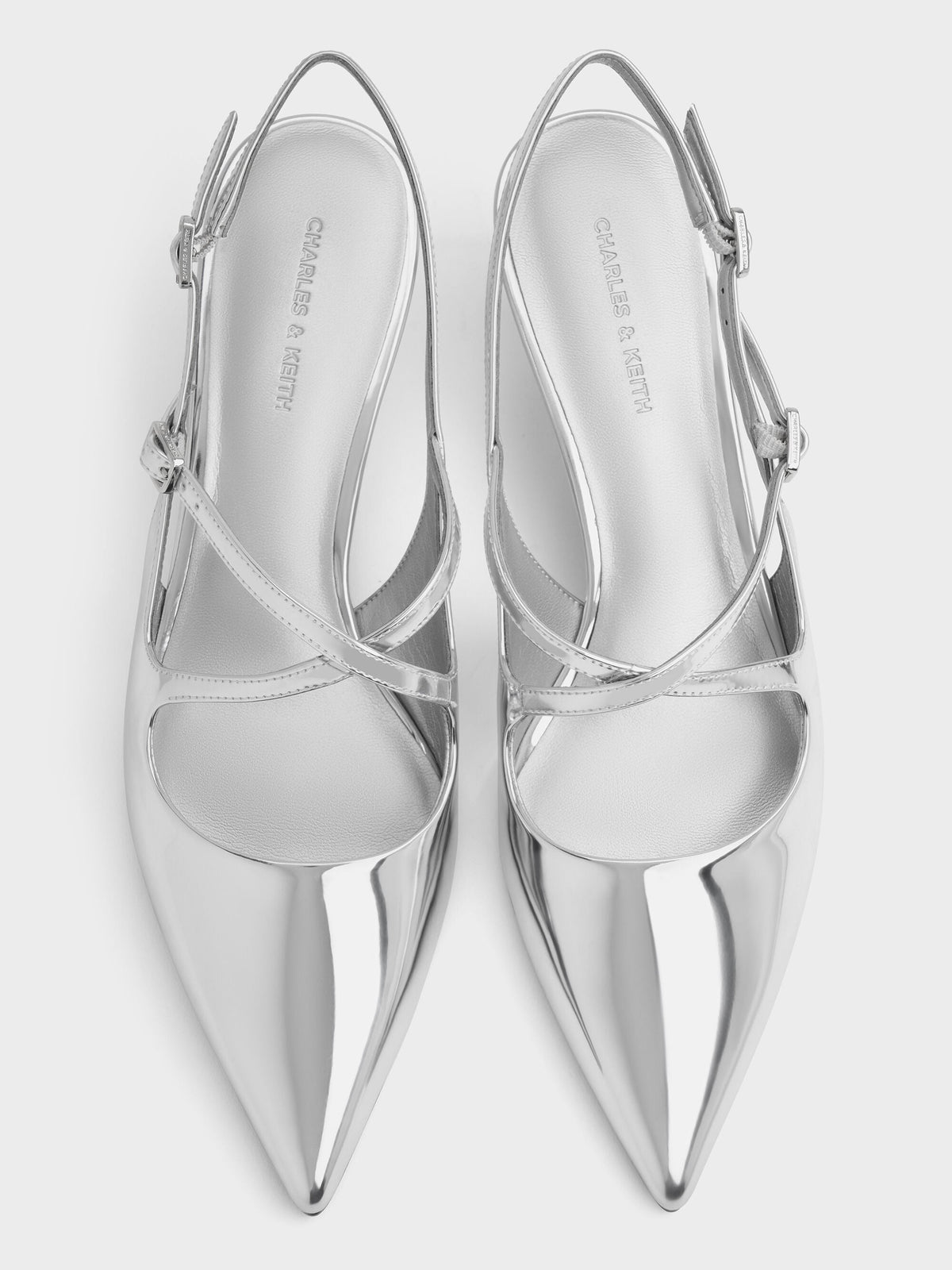 CHARLES & KEITH Value / Pauline Metallic Crossover Kitten Heels - Silver