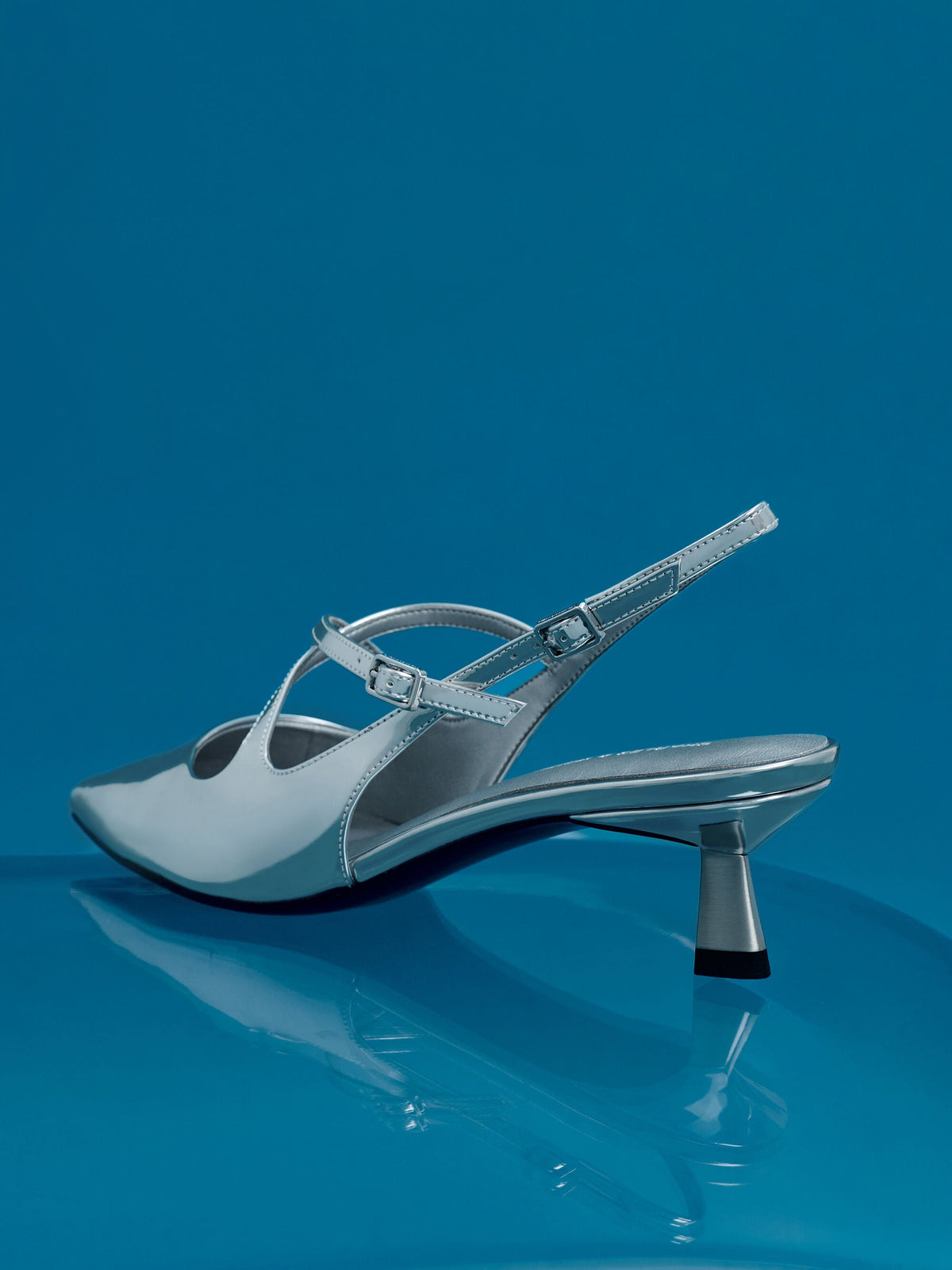 CHARLES & KEITH Value / Pauline Metallic Crossover Kitten Heels - Silver