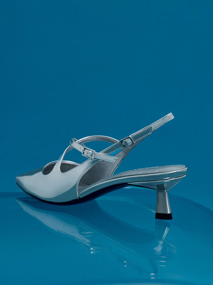 CHARLES & KEITH Value / Pauline Metallic Crossover Kitten Heels - Silver
