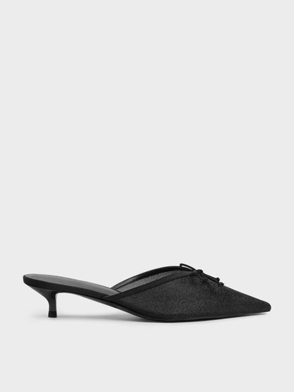 CHARLES & KEITH Value / Glittered Mesh Bow Kitten Heels - Black Textured