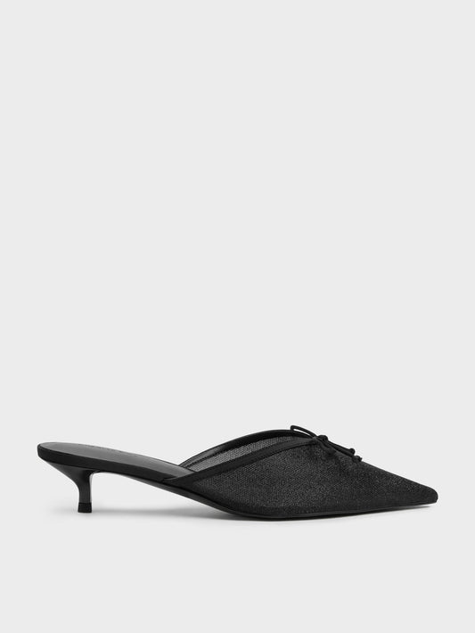 CHARLES & KEITH Value / Glittered Mesh Bow Kitten Heels - Black Textured