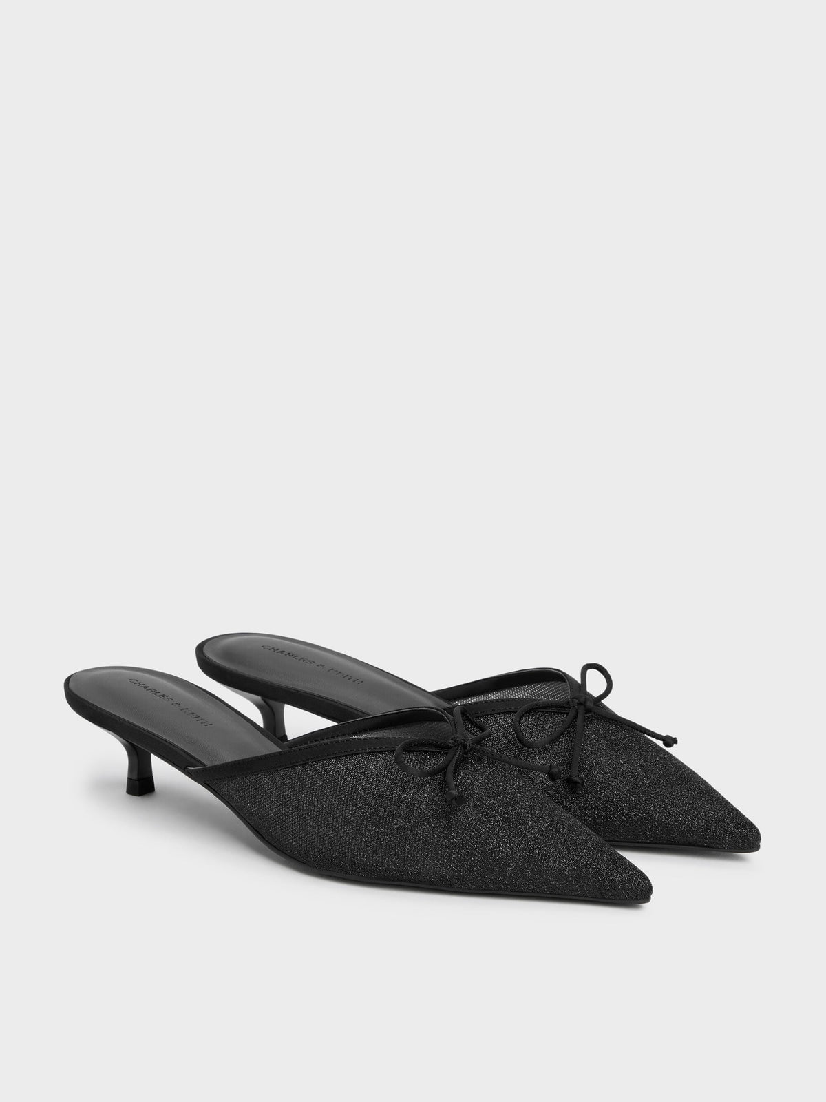 CHARLES & KEITH Value / Glittered Mesh Bow Kitten Heels - Black Textured
