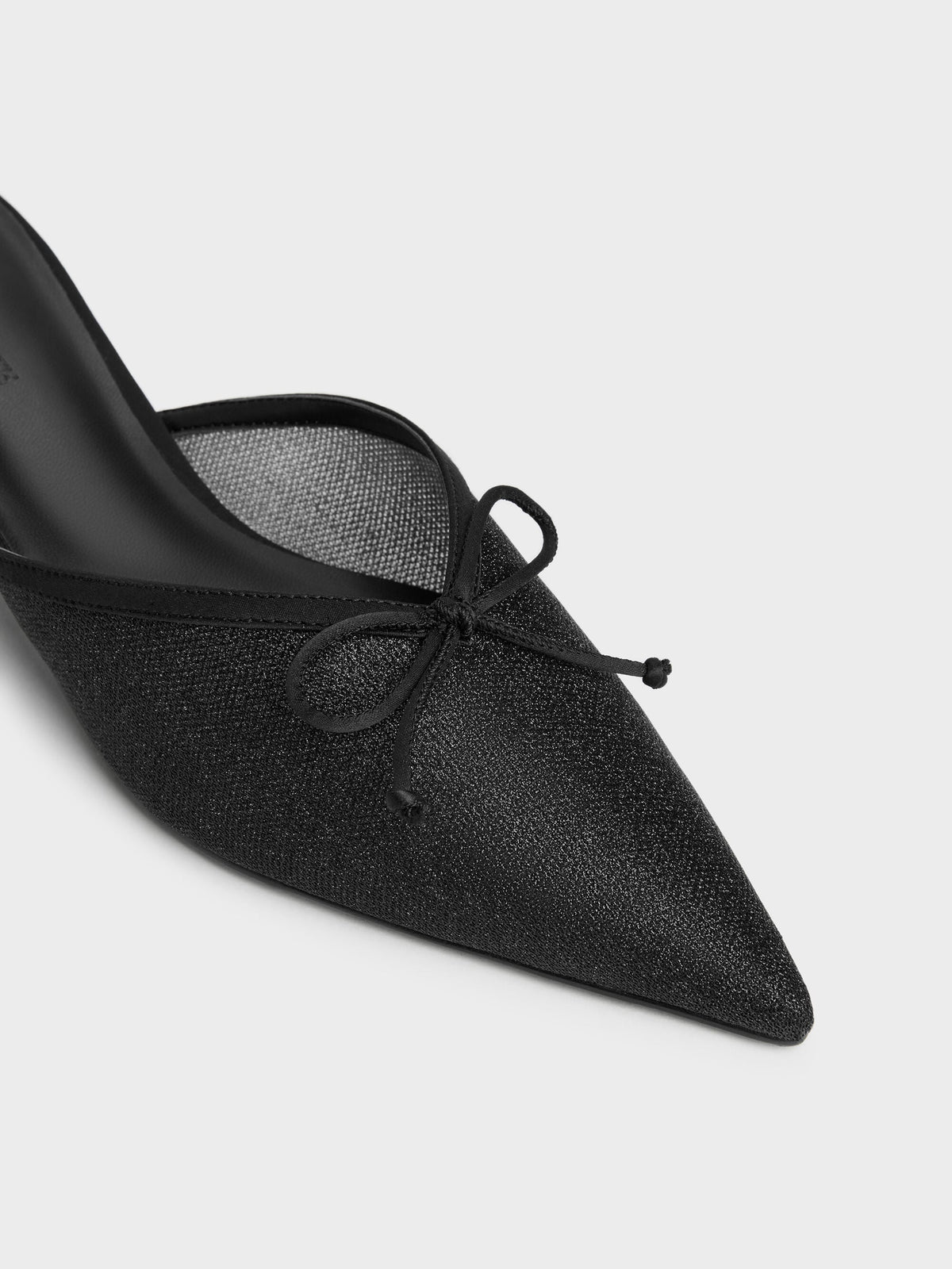 CHARLES & KEITH Value / Glittered Mesh Bow Kitten Heels - Black Textured