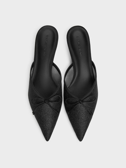 CHARLES & KEITH Value / Glittered Mesh Bow Kitten Heels - Black Textured