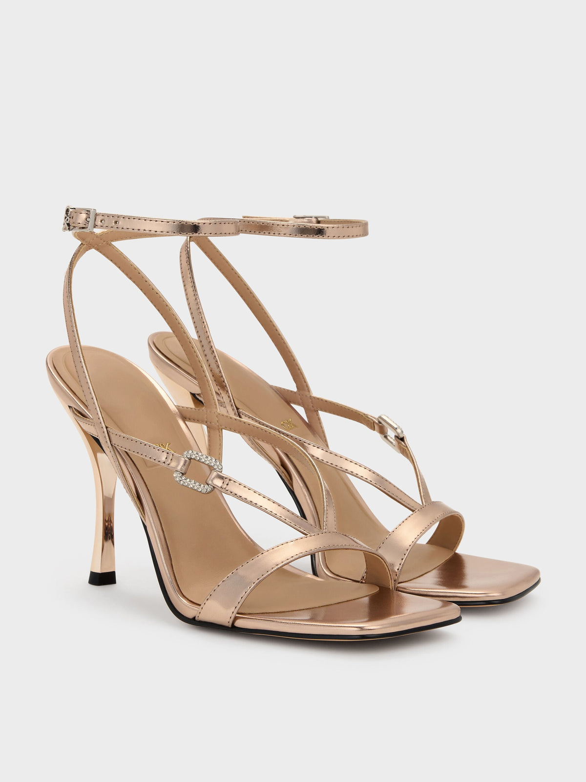 CHARLES & KEITH Best Price / Metallic Leather Crystal-Buckle Ankle-Strap Heels - Bronze