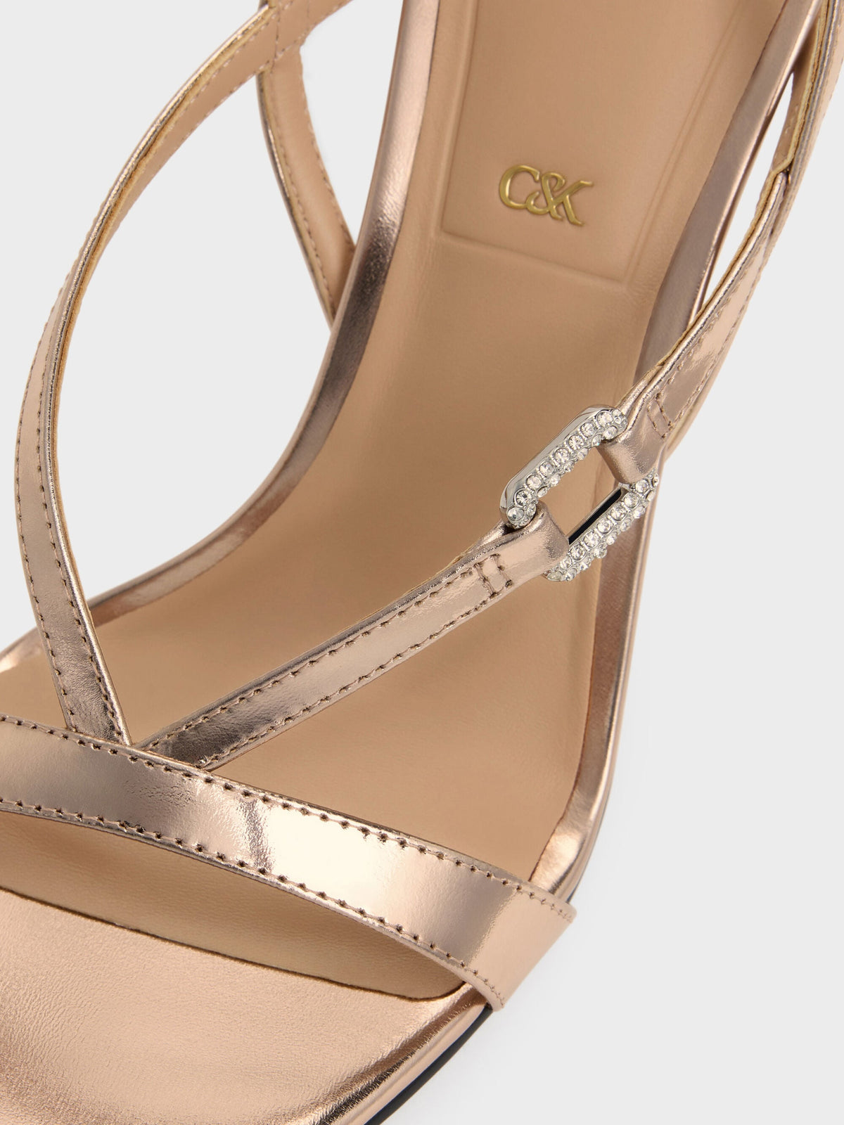CHARLES & KEITH Best Price / Metallic Leather Crystal-Buckle Ankle-Strap Heels - Bronze