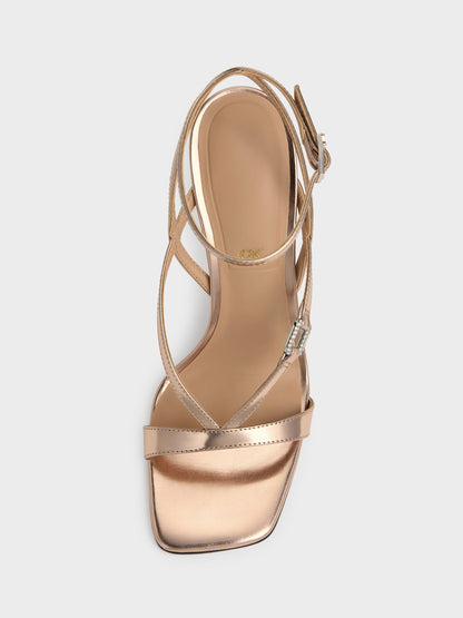 CHARLES & KEITH Best Price / Metallic Leather Crystal-Buckle Ankle-Strap Heels - Bronze