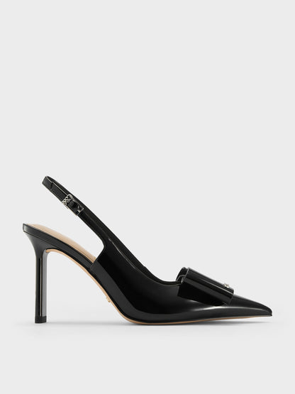 CHARLES & KEITH Customer Favorite / Lu Patent Leather Bow Slingback Pumps - Black Patent