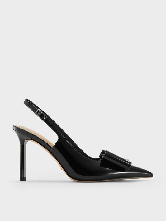 CHARLES & KEITH Customer Favorite / Lu Patent Leather Bow Slingback Pumps - Black Patent