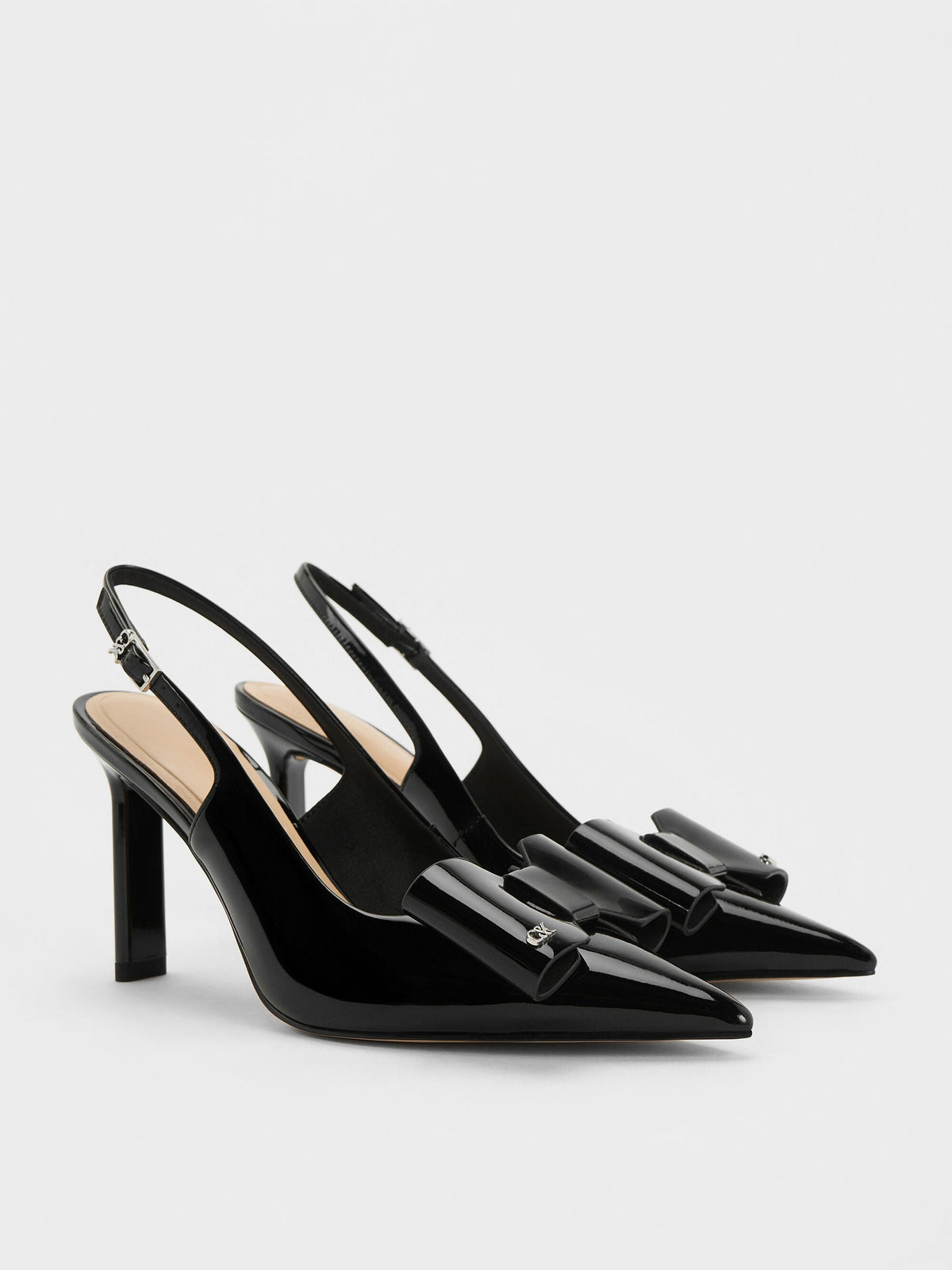 CHARLES & KEITH Customer Favorite / Lu Patent Leather Bow Slingback Pumps - Black Patent