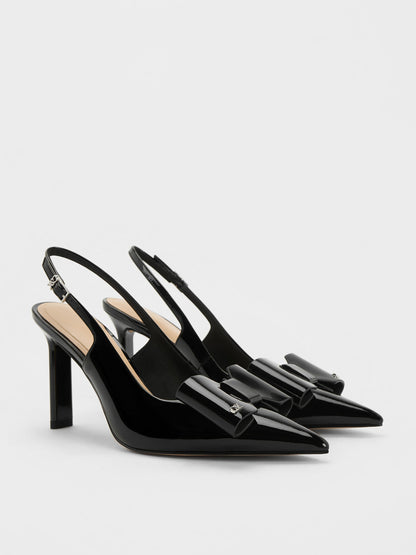 CHARLES & KEITH Customer Favorite / Lu Patent Leather Bow Slingback Pumps - Black Patent