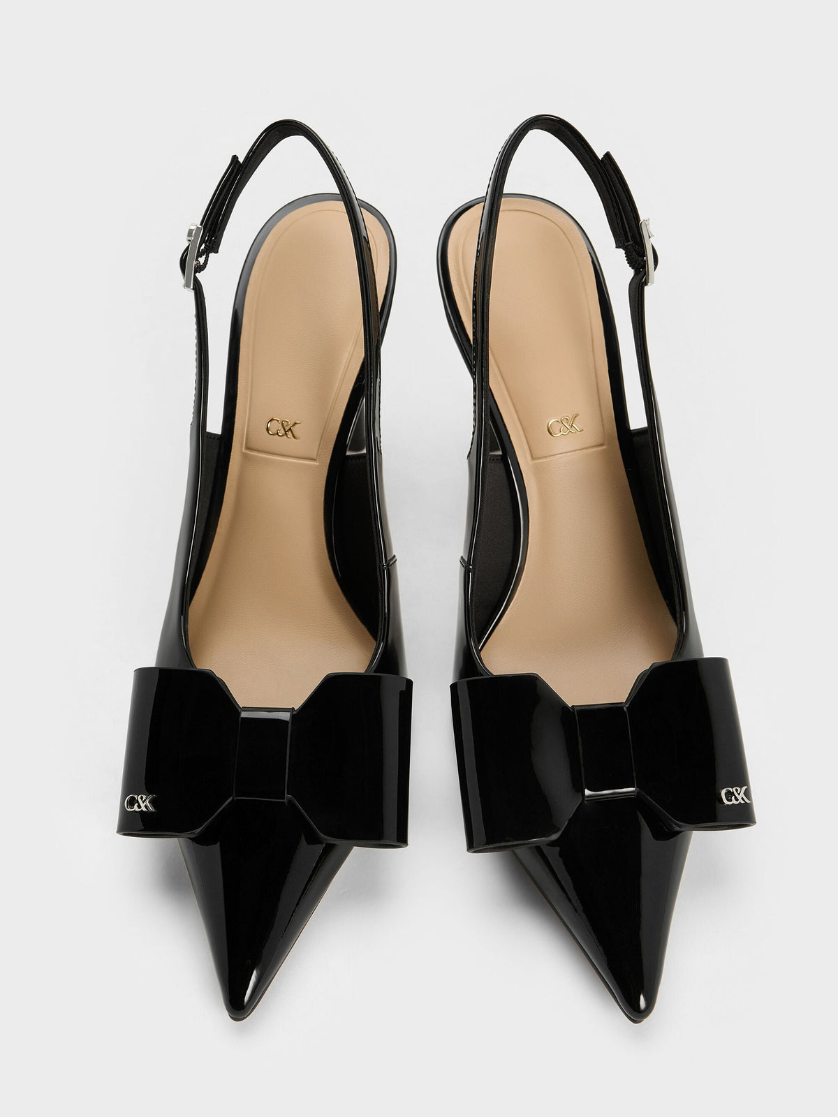 CHARLES & KEITH Customer Favorite / Lu Patent Leather Bow Slingback Pumps - Black Patent