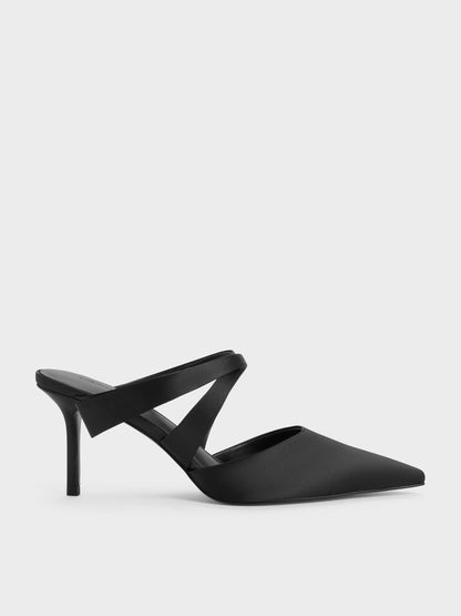 CHARLES & KEITH Deals / Satin Pleated-Strap Heeled Mules - Black Textured