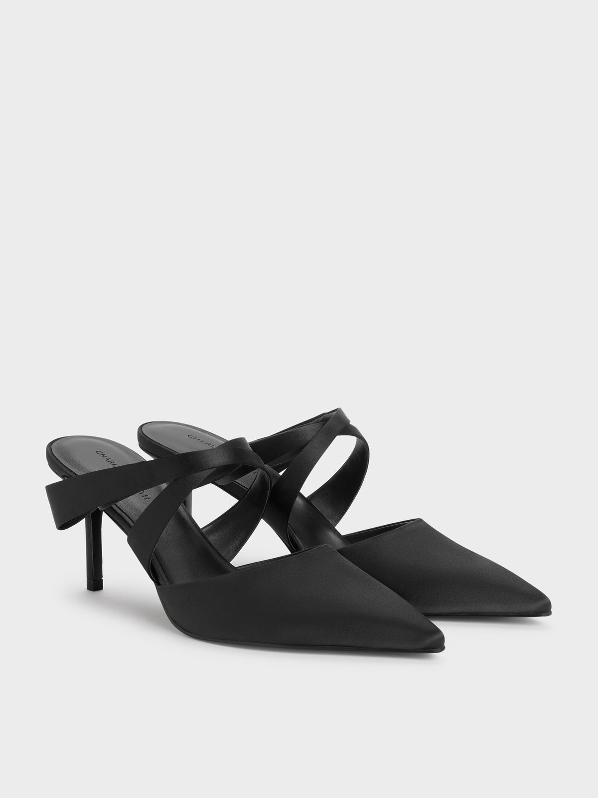 CHARLES & KEITH Deals / Satin Pleated-Strap Heeled Mules - Black Textured