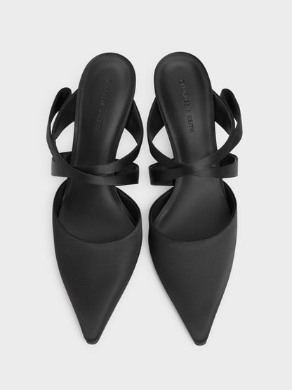 CHARLES & KEITH Deals / Satin Pleated-Strap Heeled Mules - Black Textured