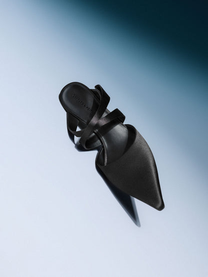 CHARLES & KEITH Deals / Satin Pleated-Strap Heeled Mules - Black Textured