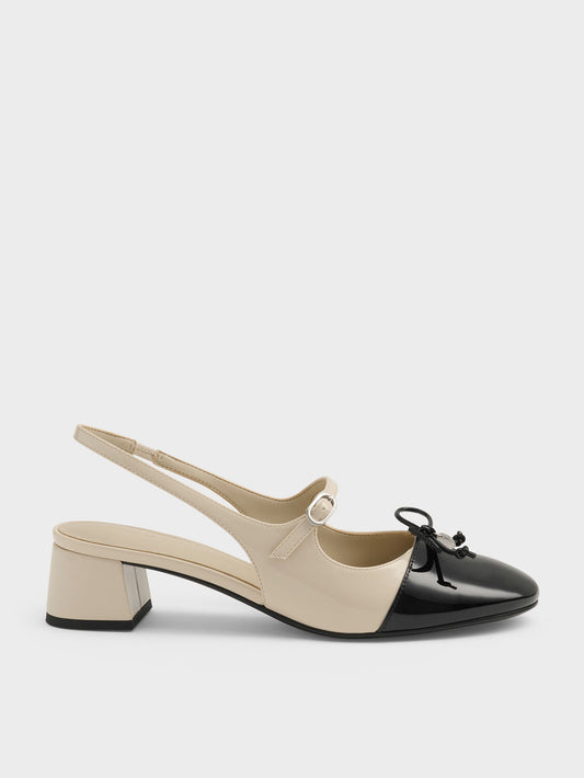 CHARLES & KEITH Trusted / Two-Tone Patent Bow Slingback Pumps - Chalk