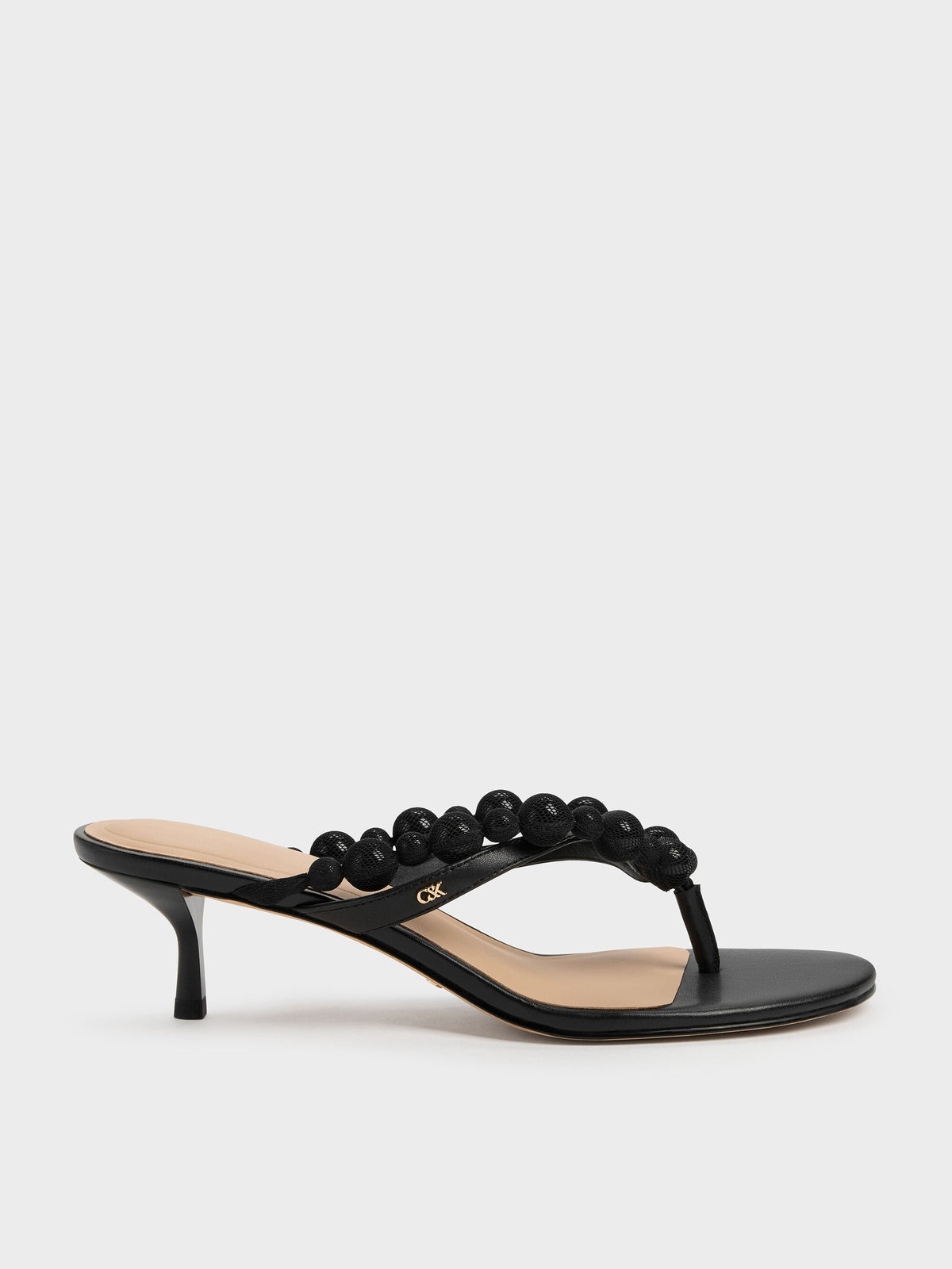 CHARLES & KEITH Best Price / Leather Beaded Thong Kitten Heels - Black