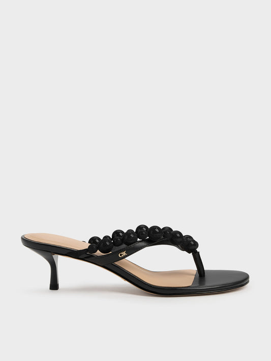 CHARLES & KEITH Best Price / Leather Beaded Thong Kitten Heels - Black