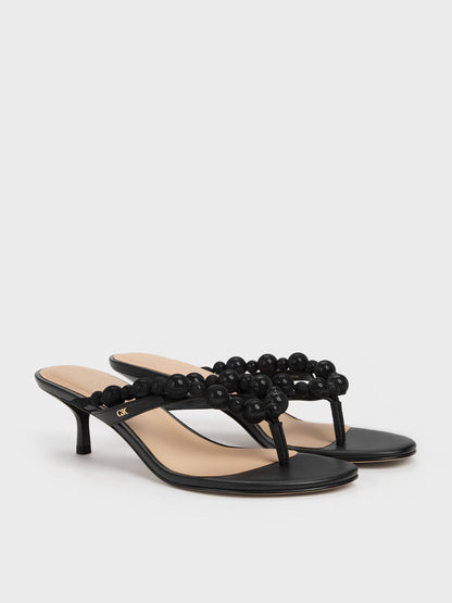CHARLES & KEITH Best Price / Leather Beaded Thong Kitten Heels - Black