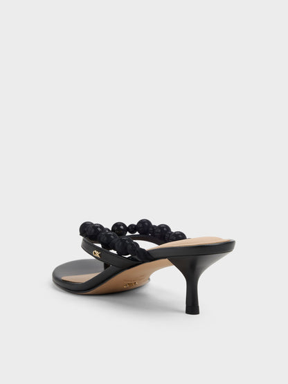 CHARLES & KEITH Best Price / Leather Beaded Thong Kitten Heels - Black