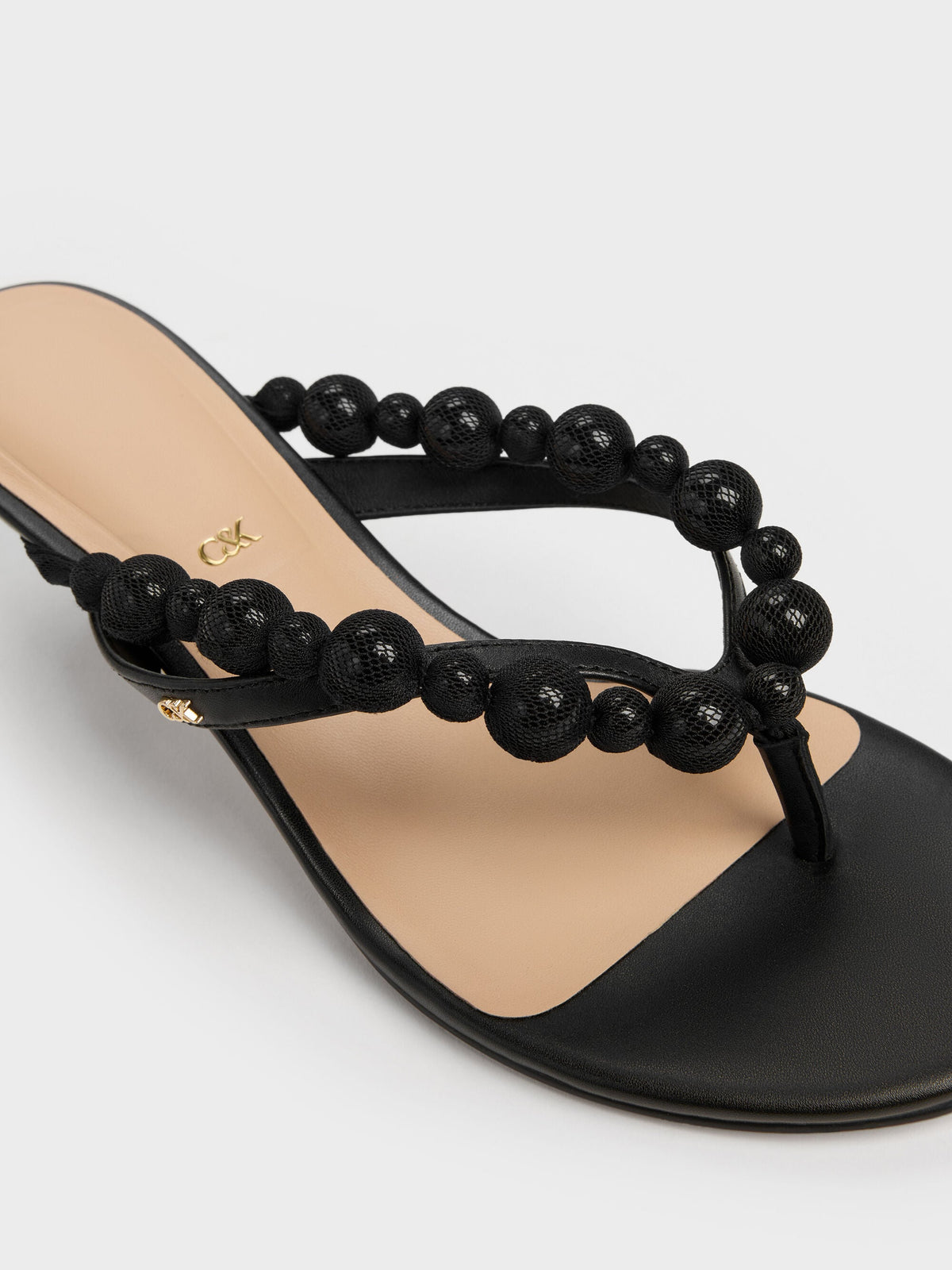 CHARLES & KEITH Best Price / Leather Beaded Thong Kitten Heels - Black