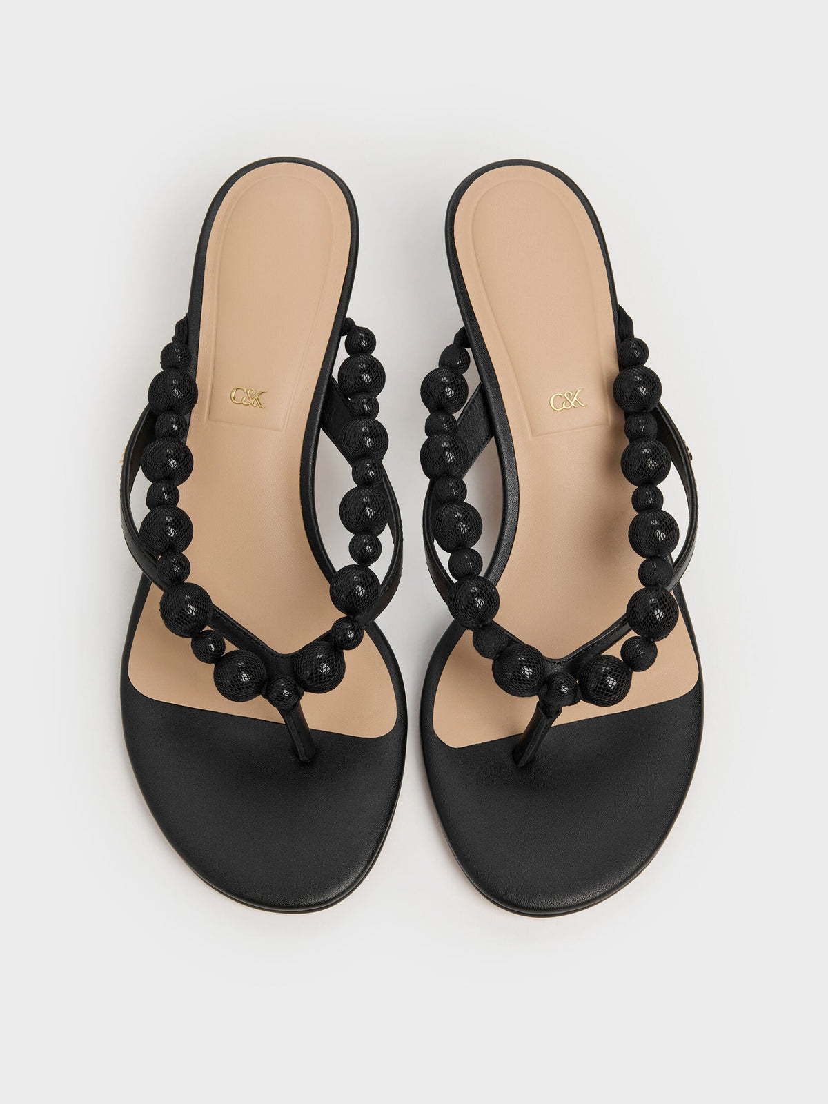 CHARLES & KEITH Best Price / Leather Beaded Thong Kitten Heels - Black