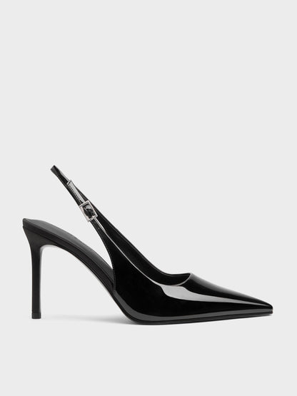 CHARLES & KEITH Featured / Patent Pointed Slingback Pumps - Black Patent