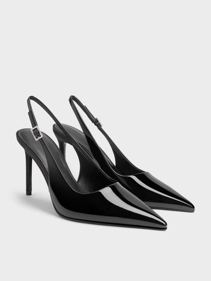 CHARLES & KEITH Featured / Patent Pointed Slingback Pumps - Black Patent