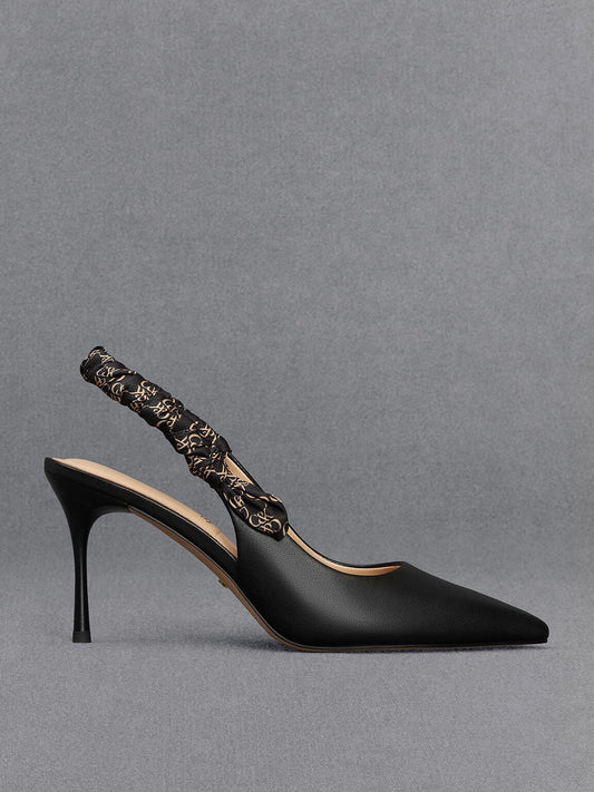 CHARLES & KEITH Everyday / Tully Leather Ruched Print Slingback Pumps - Black