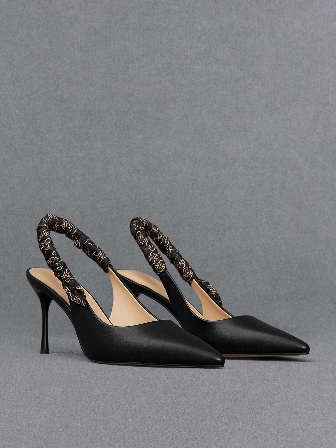 CHARLES & KEITH Everyday / Tully Leather Ruched Print Slingback Pumps - Black