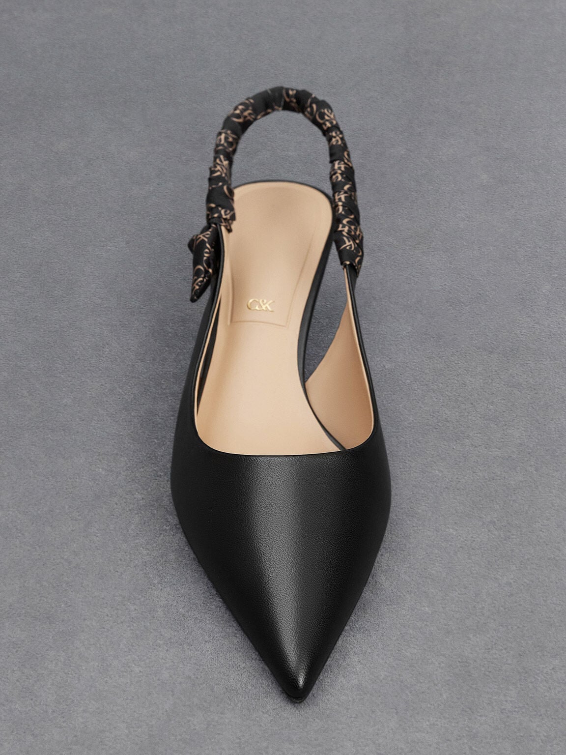 CHARLES & KEITH Everyday / Tully Leather Ruched Print Slingback Pumps - Black